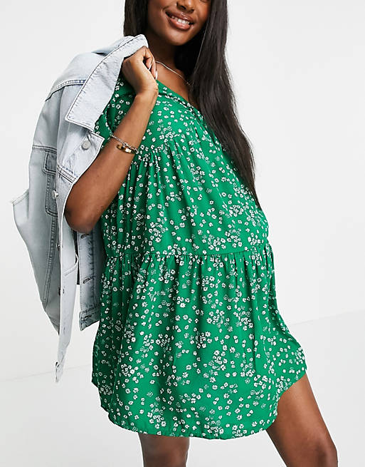  Wednesday's Girl Maternity mini smock dress with tiered skirt in green ditsy floral 