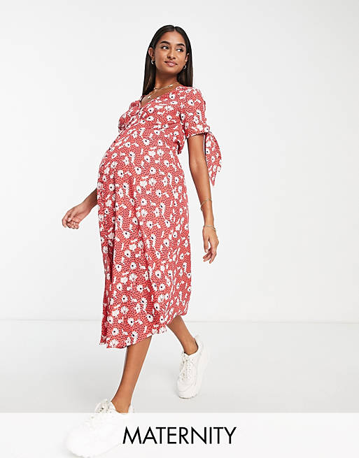 Wednesday's Girl Maternity - Nette midi-jurk met V-hals in rode bloemenprint