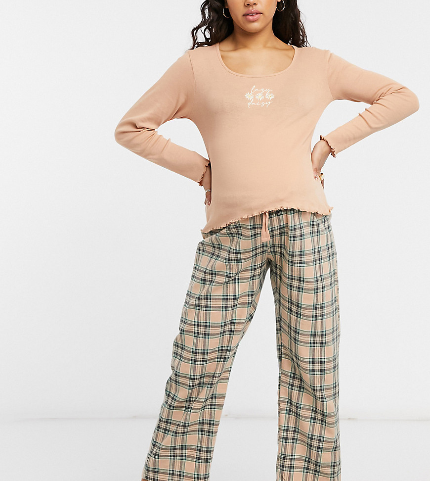 Wednesday's Girl Maternity pajama set with ribbed long sleeve top & plaid pants-Orange