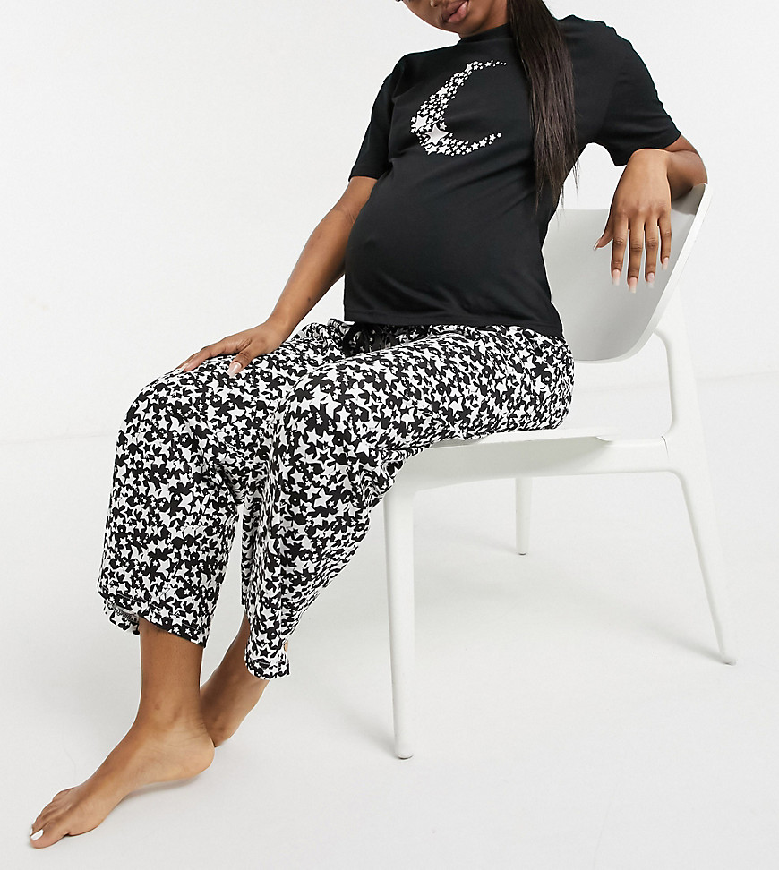 Wednesday's Girl Maternity pajama tee and pants set in celestial moon and star print-Black