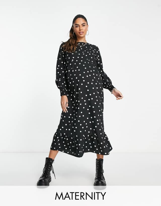 Wednesday's Girl Maternity polka dot midi dress in black