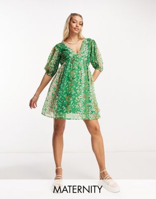 Wednesday's Girl Maternity puff sleeve mini smock dress in green patchwork