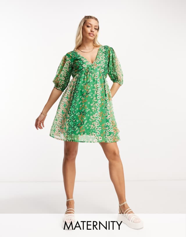 Wednesday's Girl Maternity puff sleeve mini smock dress in green patchwork