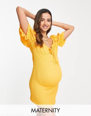 Wednesday's Girl Maternity Wednesday's Girl Maternity puff sleeve mini tea dress in textured orange