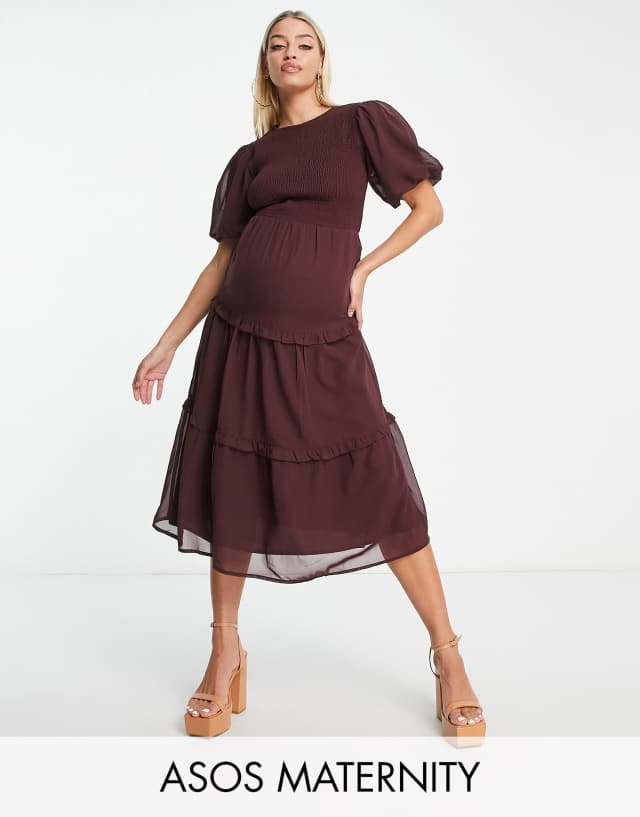 Wednesday's Girl Maternity puff sleeve tiered midi dress in plum brown