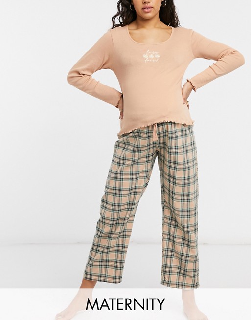 Wednesday's Girl Maternity pyjama set with rib long sleeve top & check trousers