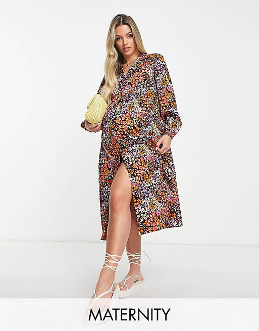 Wednesday's Girl Maternity relaxed midi shirt smock dress in mixed ditsy floral