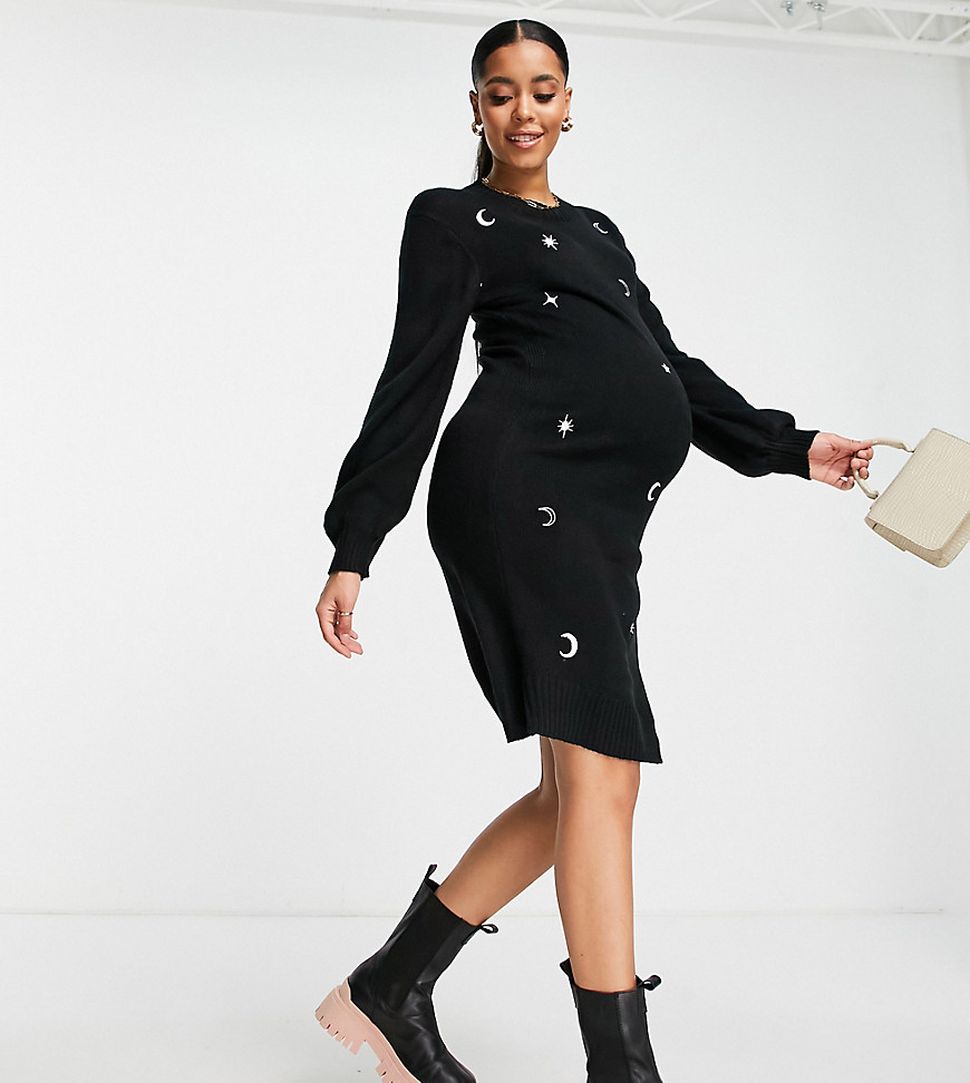 Wednesday's Girl Maternity relaxed sweater dress with celestial embroidery-Black