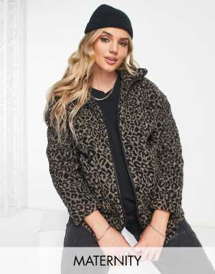 relaxed zip up borg jacket in leopard-Multi