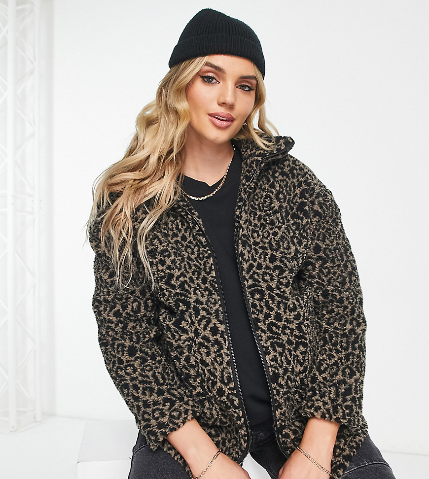 relaxed zip up borg jacket in leopard-Multi