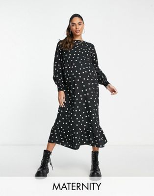Wednesday's Girl Maternity polka dot midi dress in black  - ASOS Price Checker
