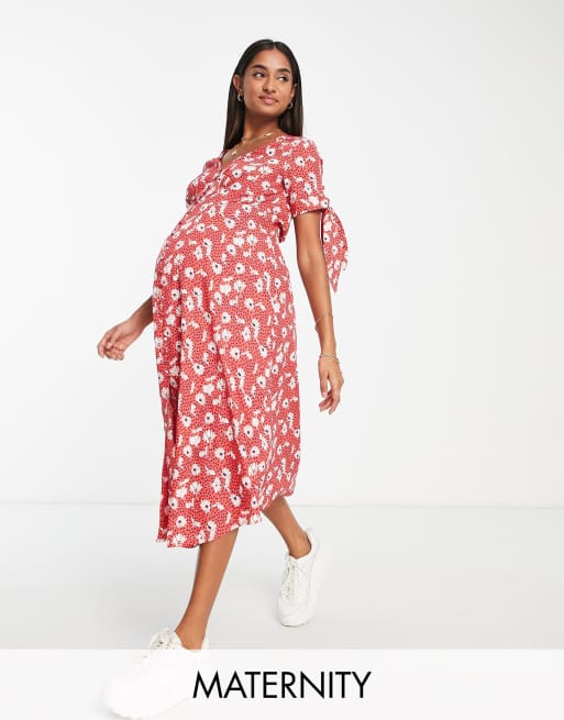 Wednesday's Girl Maternity - Robe rétro mi-longue à col V et imprimé fleuri - Rouge