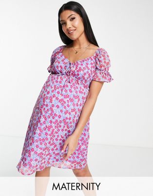 Wednesday's Girl Maternity ruched bust mini tea dress in purple floral