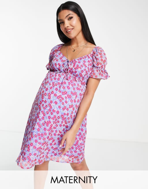 Wednesday's Girl Maternity ruched bust mini tea dress in purple floral ...