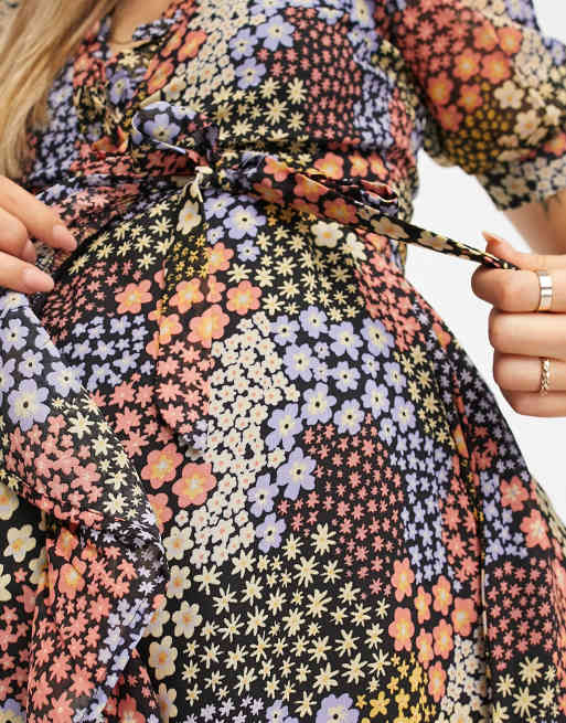 Wednesday's Girl Maternity ruffle detail mini tea dress in patchwork ditsy  | ASOS