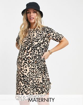 Wednesday's Girl Maternity smock mini dress with pleated front in grunge leopard