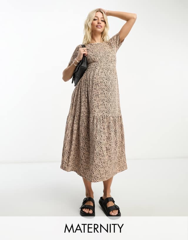 Wednesday's Girl Maternity smudge spot tiered midi dress in neutral