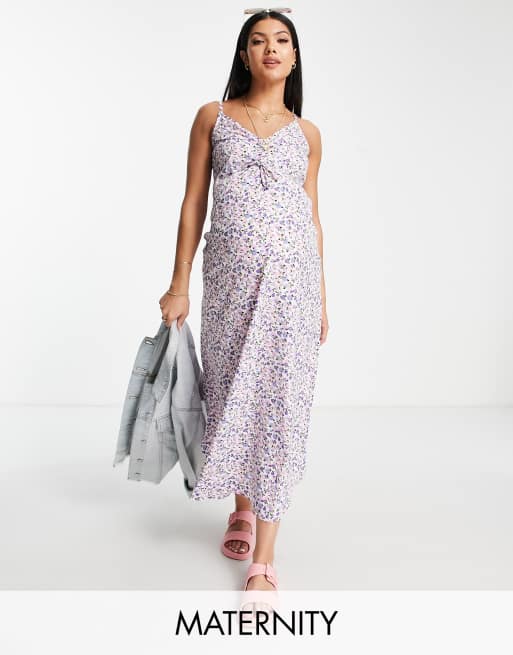 Wednesday's Girl – Maternity – Syrénlila blommig slipklänning i midilängd med smala axelband och ryschad byst