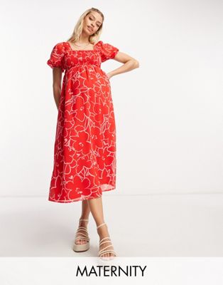 Wednesday's Girl Maternity tie back shirred bust midi dress in pink red floral