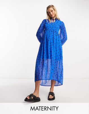 Wednesday’s Girl Maternity tiered polka dot midi smock dress in blue