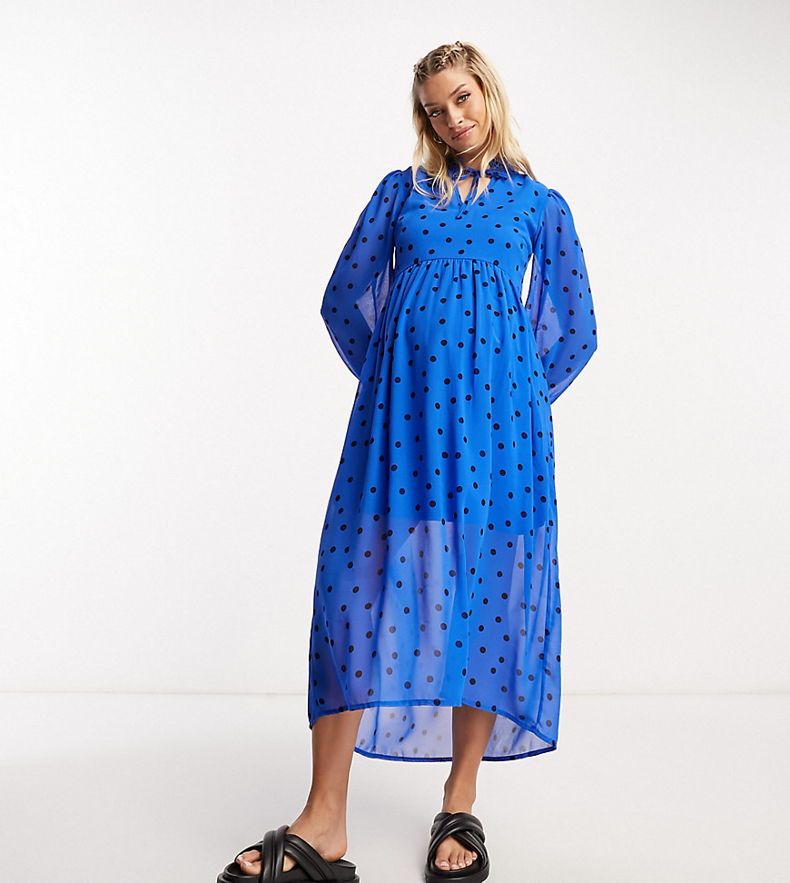 Wednesday’s Girl Maternity tiered polka dot midi smock dress in blue