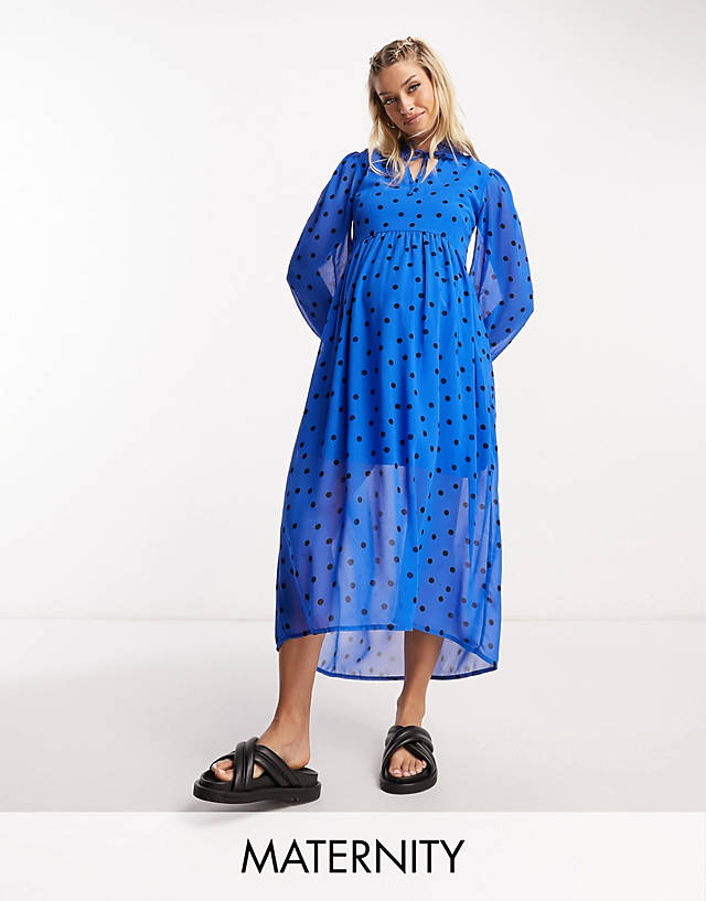 Wednesday's Girl Maternity tiered polka dot midi smock dress in blue