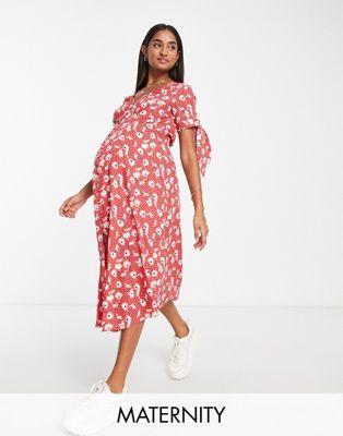 Wednesday's Girl Maternity v-neck midi tea dress in red floral - ASOS Price Checker