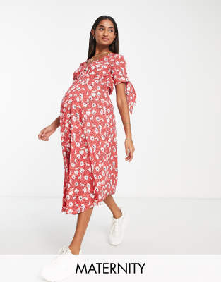 Wednesday's Girl Maternity v-neck midi tea dress in red floral - ASOS Price Checker