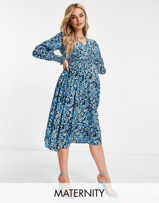 Wednesday's Girl Maternity v neck tie waist smock dress in blue meadow floral - ASOS Price Checker
