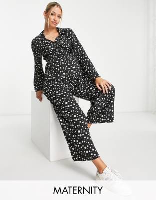 Wednesday’s Girl Maternity v-neck wide leg long sleeve jumpsuit in ditsy-Black