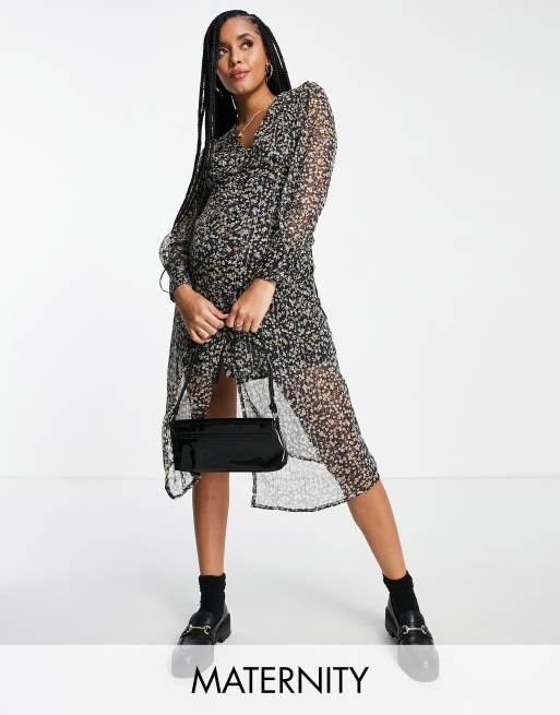Wednesday's Girl Maternity - Vestito da giorno midi scuro a fiorellini con scollo a V