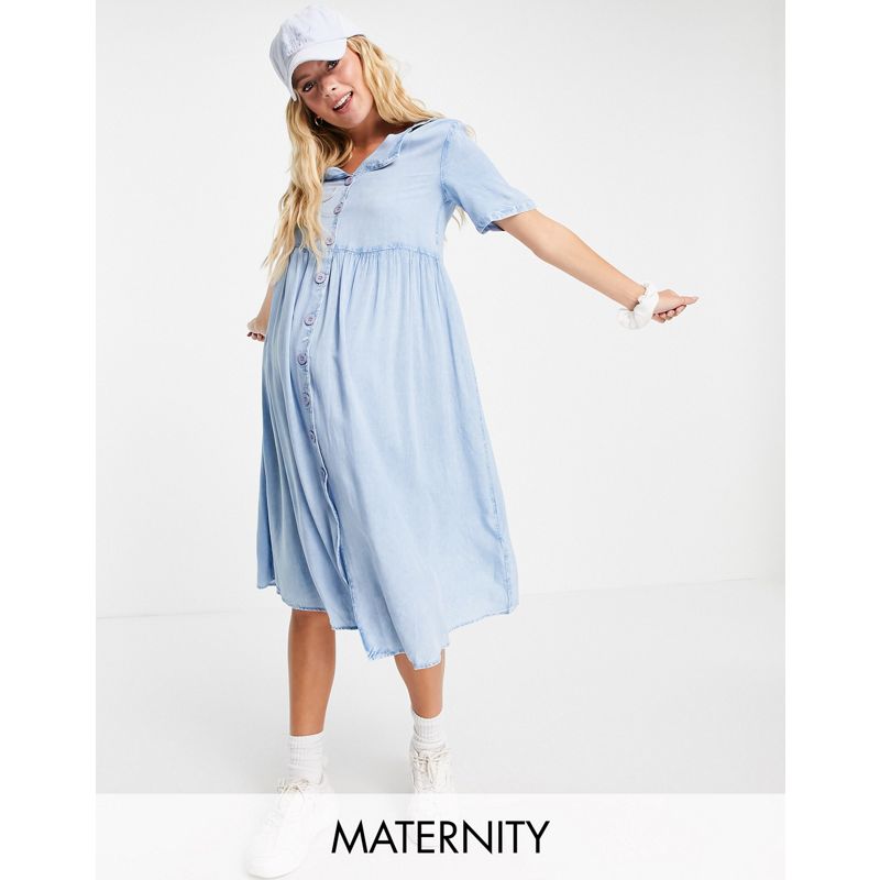  1zYyW Wednesday's Girl Maternity - Vestito grembiule midi con bottoni sul davanti in denim