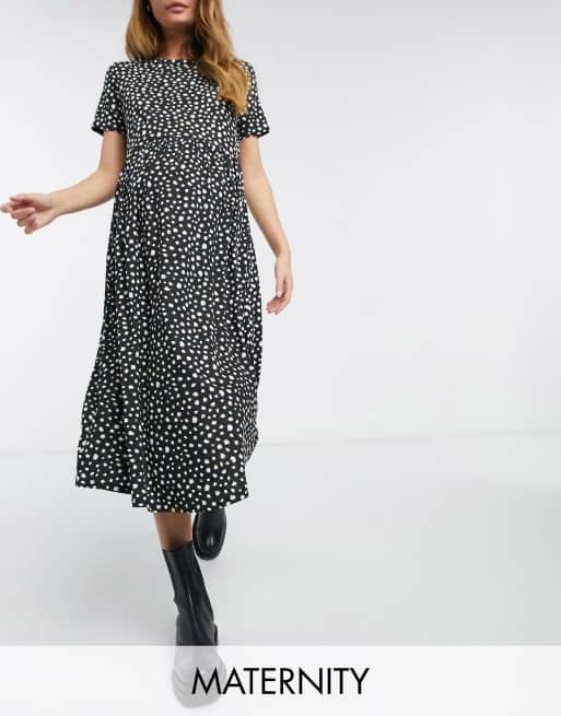 Wednesday's Girl Maternity - Vestito grembiule midi nero a piccole macchie
