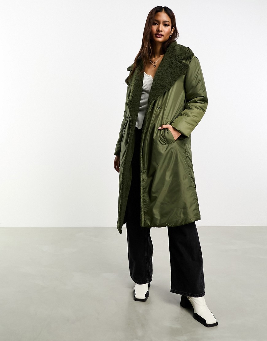 Wednesday's Girl maxi overcoat with borg trim in khaki-Green