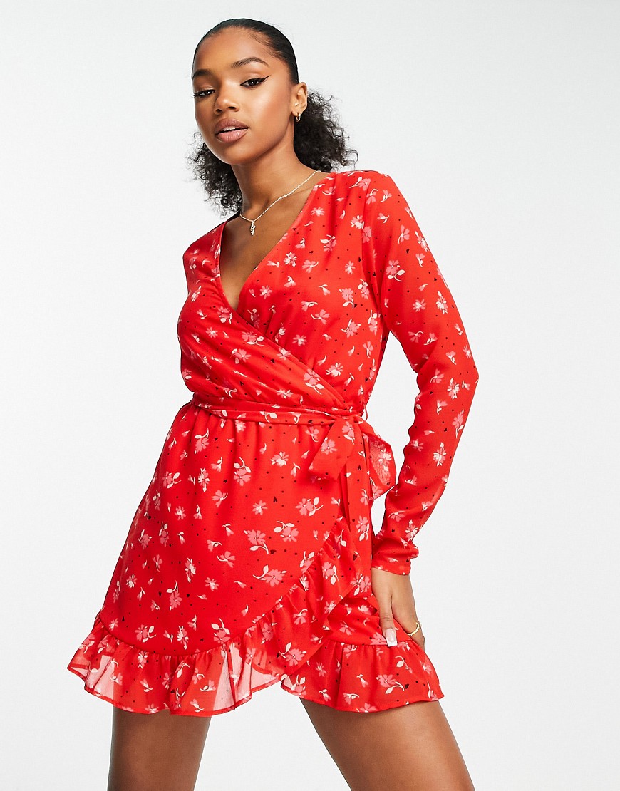 Wednesday's Girl mesh sleeve wrap mini dress in red floral print