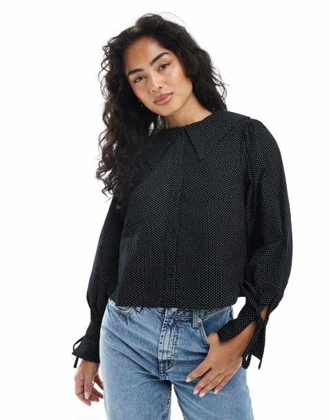 Wednesday's Girl micro dot cord collar detail blouse in black - view 1