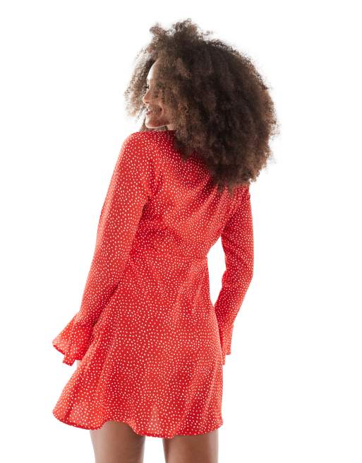 Wednesday's Girl micro dot flared sleeve mini dress in red, 3 of 4