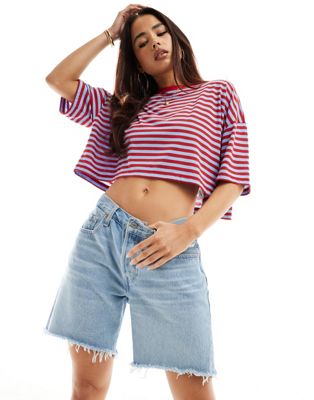 Wednesday's Girl micro stripe cropped boxy t-shirt in blue and red