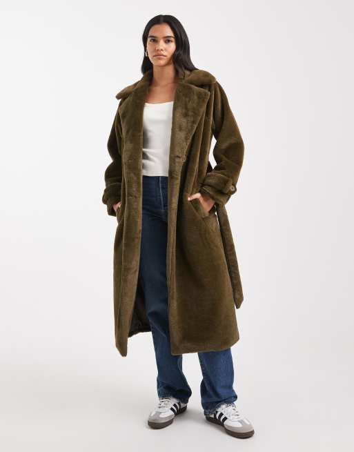 Wednesday's Girl - Midaxi jas van imitatieschapenvacht met riem in diep olijfgroen