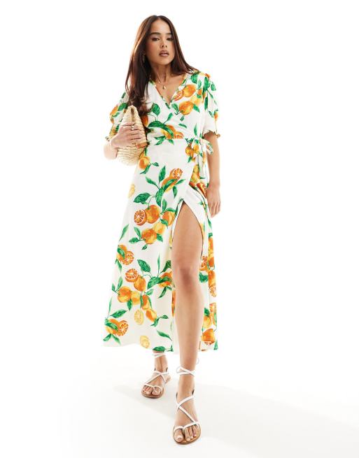 Wednesday's Girl - Midaxi-jurk met citrusvruchtenprint en pofmouwen in multi