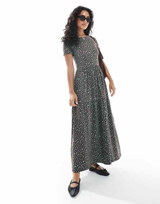 Wednesday's Girl - Midaxi-jurk met stroken en vlekkerige stippen in bruin en aqua