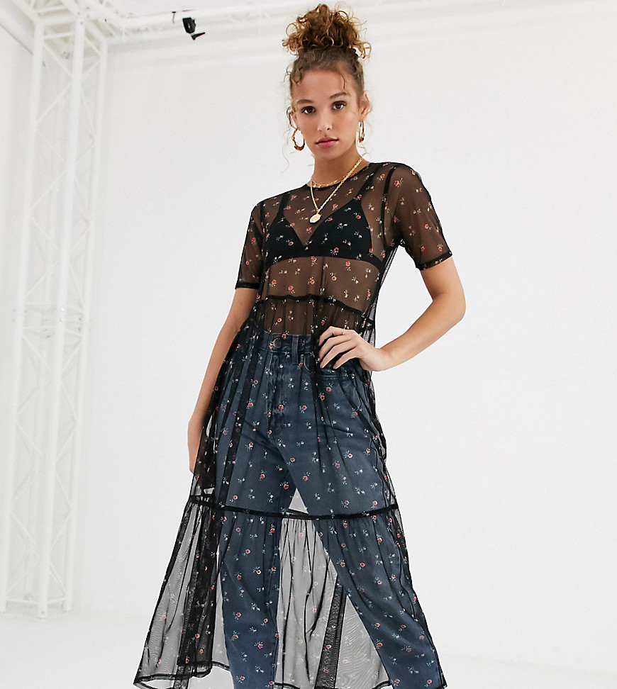 Wednesday's Girl - Midaxi-jurk van mesh met bloemen-Zwart