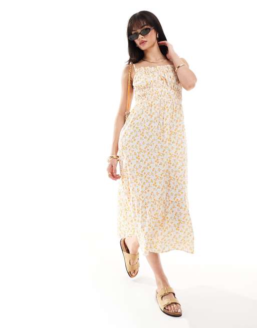 Wednesday's Girl - Midaxi-kjole med smock-snit og cami-stropper i småblomstret, gult print