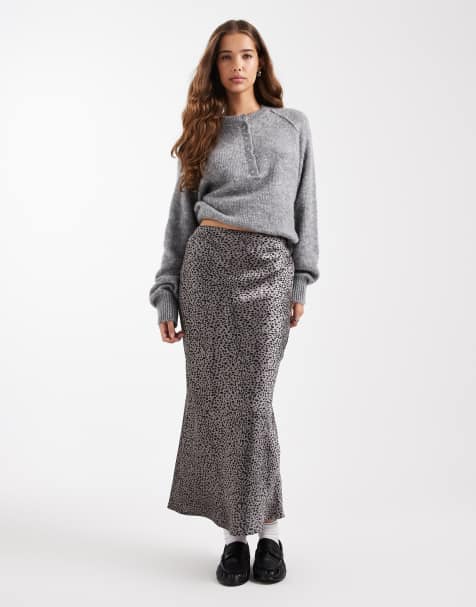Wednesday's Girl midaxi micro spot lace detailed satin skirt in gray - view 1