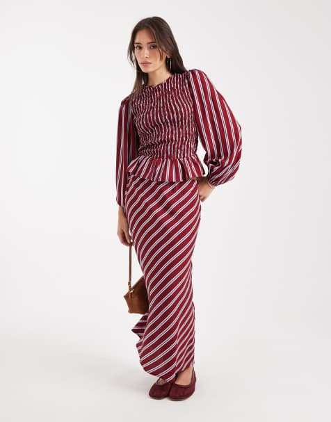 Wednesday's Girl midaxi navy and burgundy stripe skirt - view 1