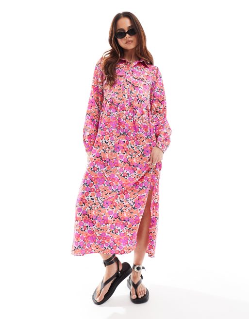 Wednesday's Girl - Midaxi overhemdjurk met bloemenprint in roze