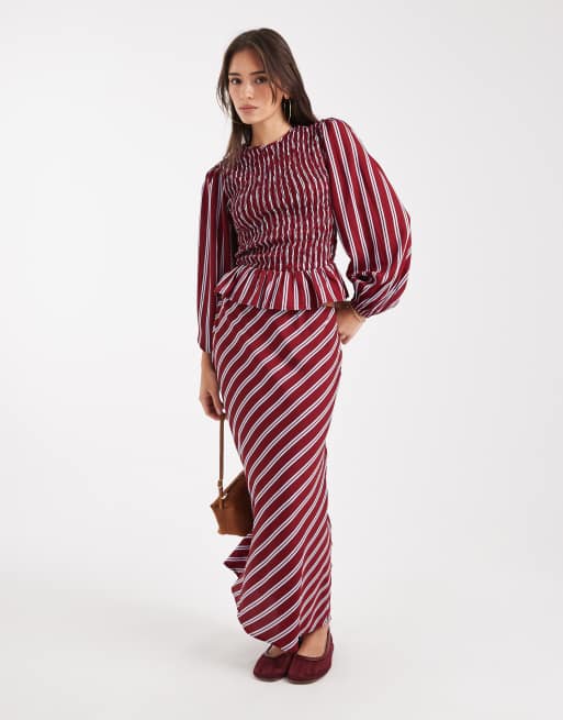 Wednesday's Girl - Midaxi rok in marineblauwe en bordeauxrode strepen