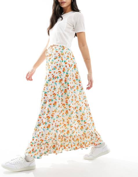 Wednesday's Girl - Midaxi-rok met fijne bloemenprint en ruches langs de rand in multi - view 1