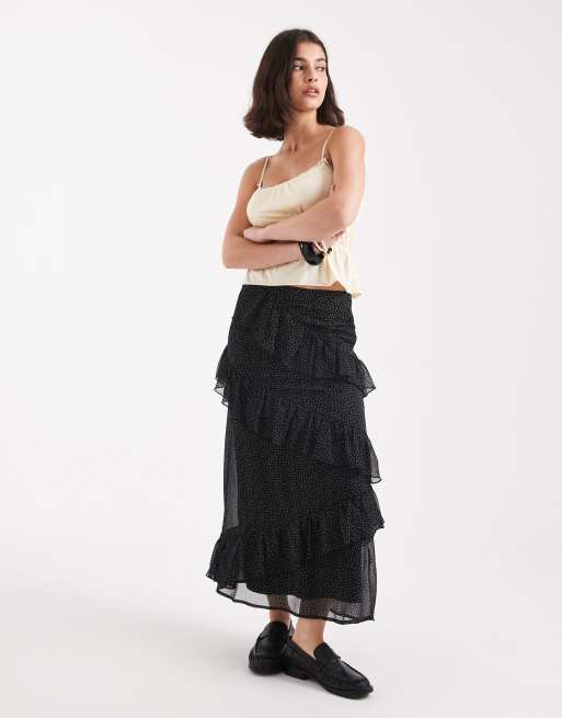 Wednesday's Girl - Midaxi rok met stroken, ruches en stippen in zwart
