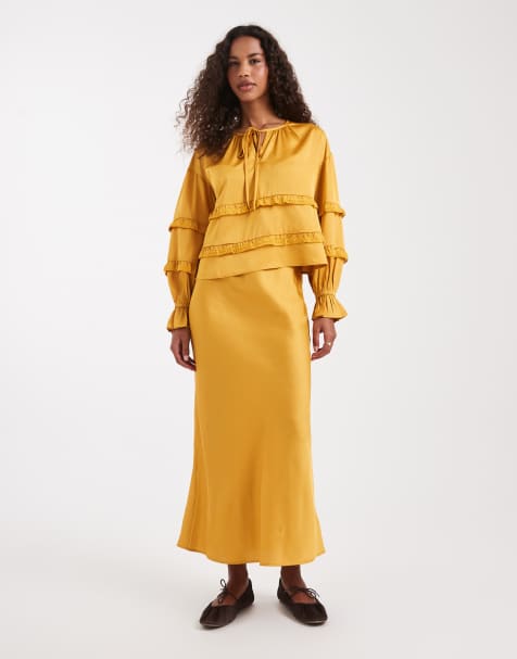 Wednesday's Girl midaxi satin skirt in golden bronze  